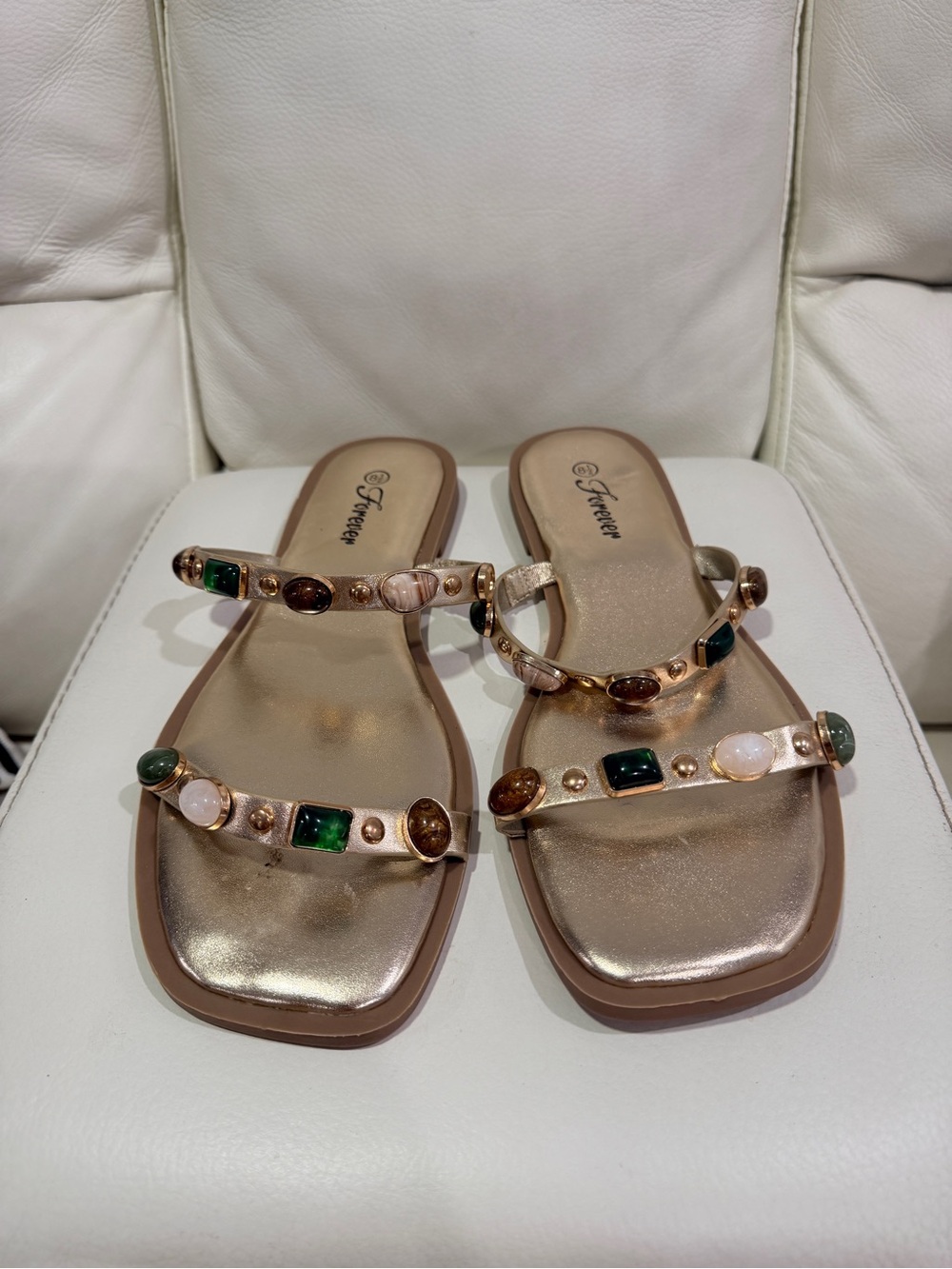 Forever 21 Tan Slide Sandals with Green & Gold Gem Accents. Exellent Condition - Picture 8 of 9